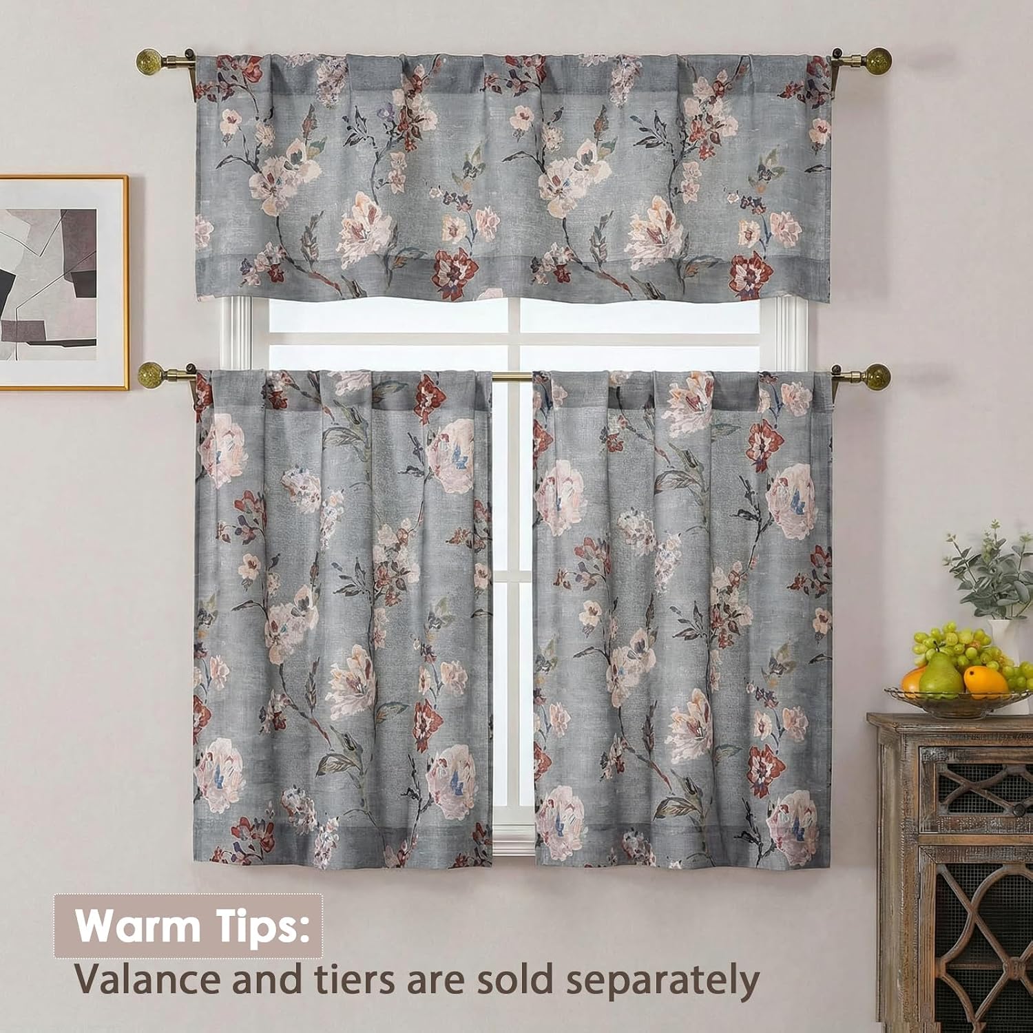 OWENIE Floral Kitchen Cafe Curtains - 36 Inch Length 2 Panels Set, Printed Light Filtering Textured Farmhouse Short Small Half Curtain Tier Drapes for Bathroom Basement, 2 Pcs Each 30W x 36L,Grey