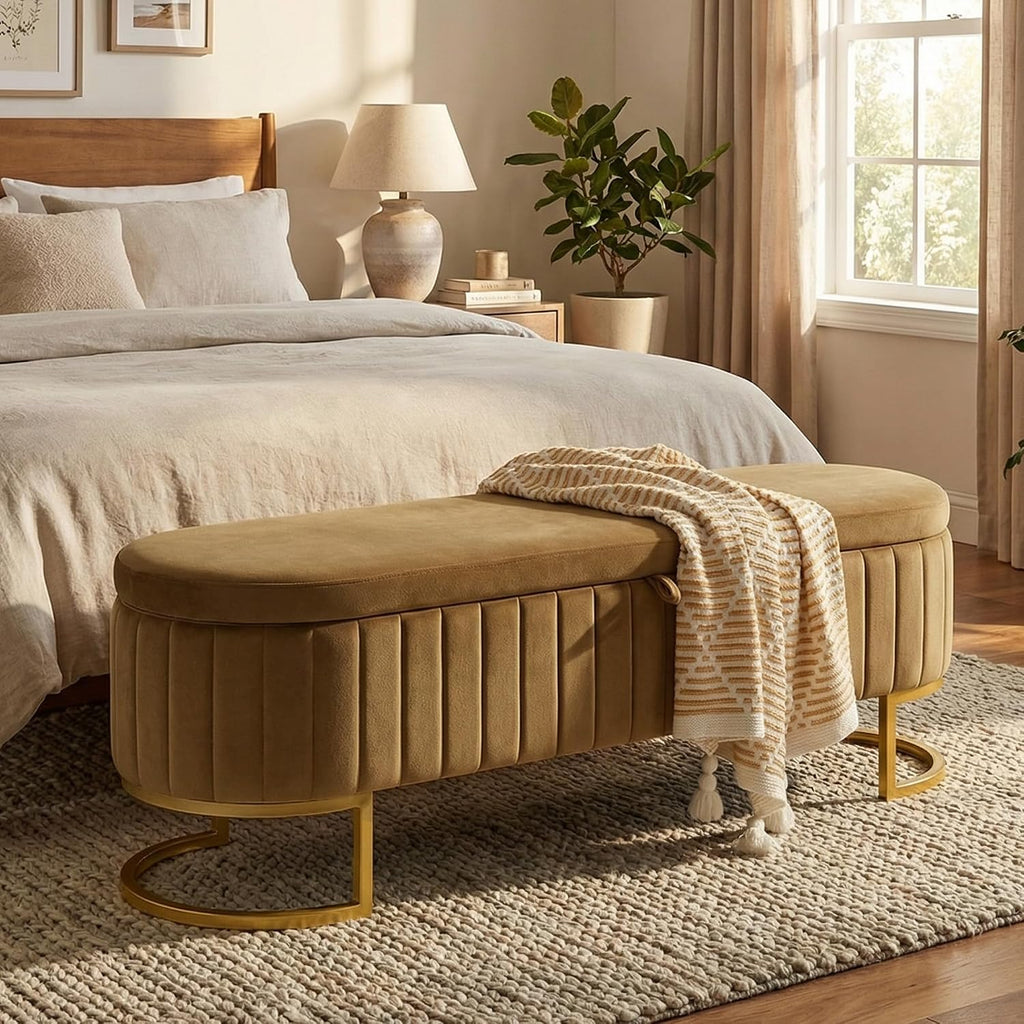 51 Inch Storage Ottoman Bench Velvet End of Bed Storage Bench King Size Upholstered Tufted Bench Large Space for Bedroom Living Room Entryway Coffee