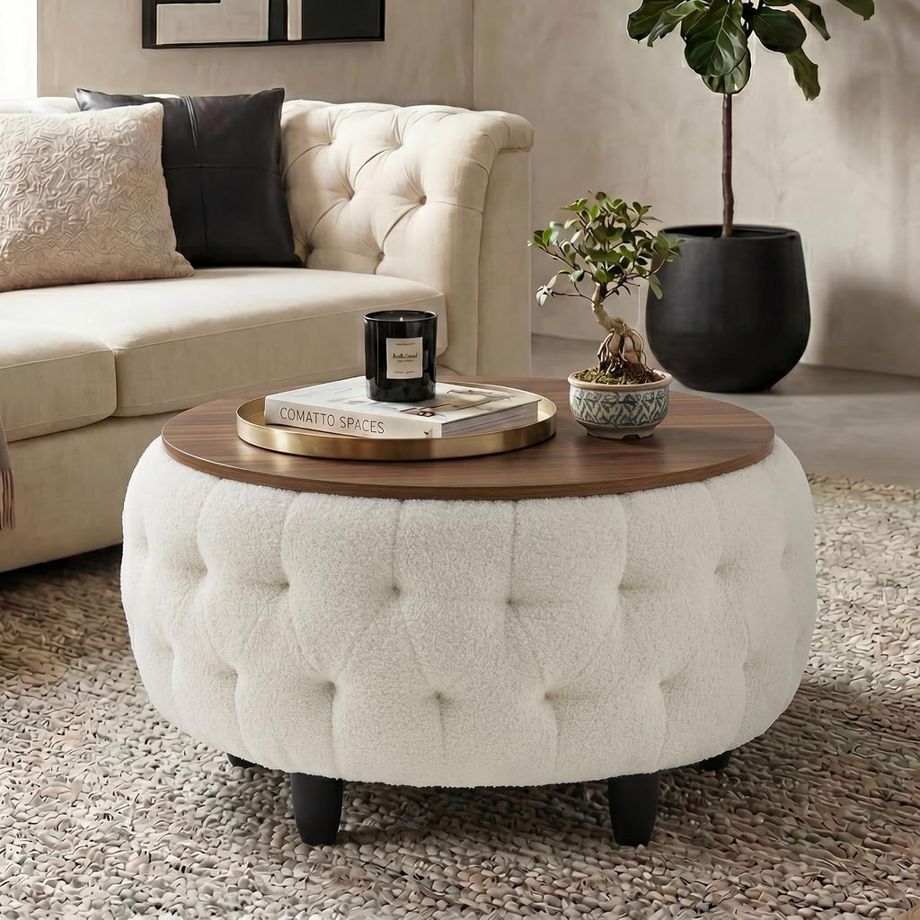 Large Round Storage Ottoman Coffee Table with Wooden Tabletop, 32 Inches Teddy Fleece Tufted Ottoman for Living Room, Bedroom, Apartments (White)