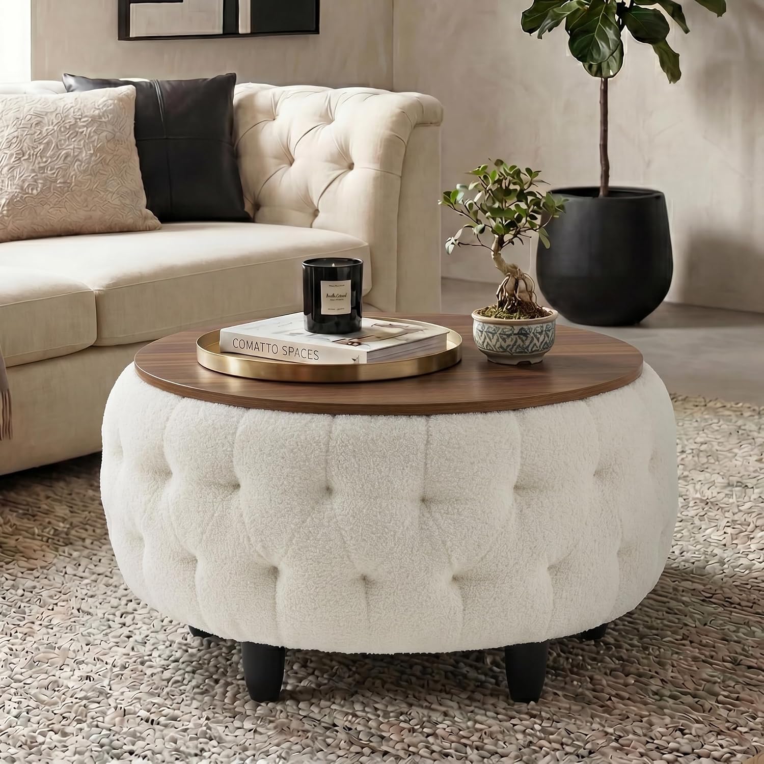 Large Round Storage Ottoman Coffee Table with Wooden Tabletop, 32 Inches Teddy Fleece Tufted Ottoman for Living Room, Bedroom, Apartments (White)