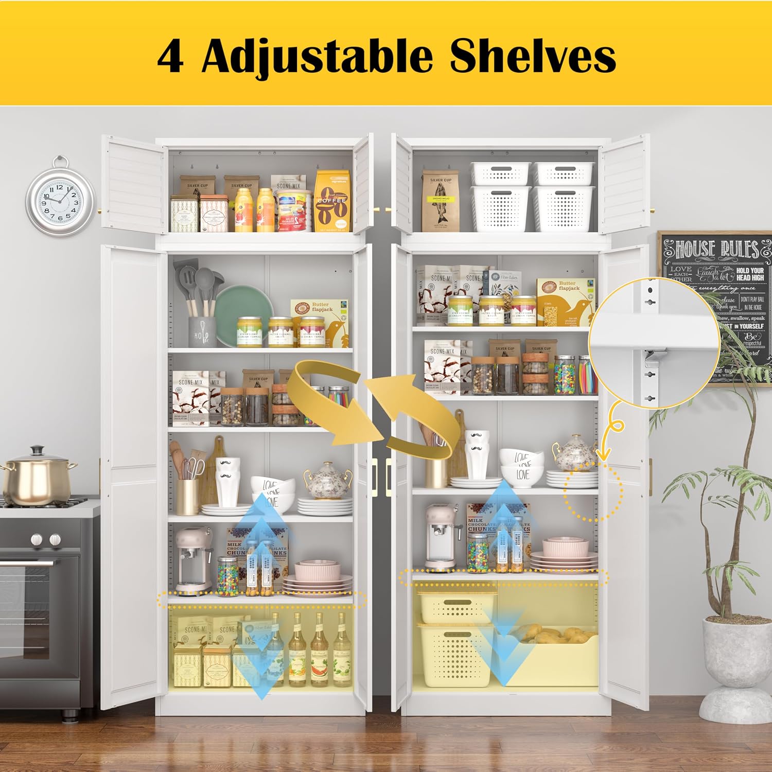 SteeLoong 86“ Kitchen Pantry Cabinet,Metal Storage Cabinets with Doors and 4 Adjustable Shelves,White Kitchen Cabinet with 4 Gold Handles,Tall Cabinet for Livingroom,Pantry, Bathroom