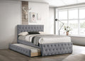 Contemporary Full Size Bed w, Trundle Slats Light Grey Burlap Upholstered Button Tufted Headboard Footboard Youth Bedroom Furniture Wooden Slats 1pc Bed