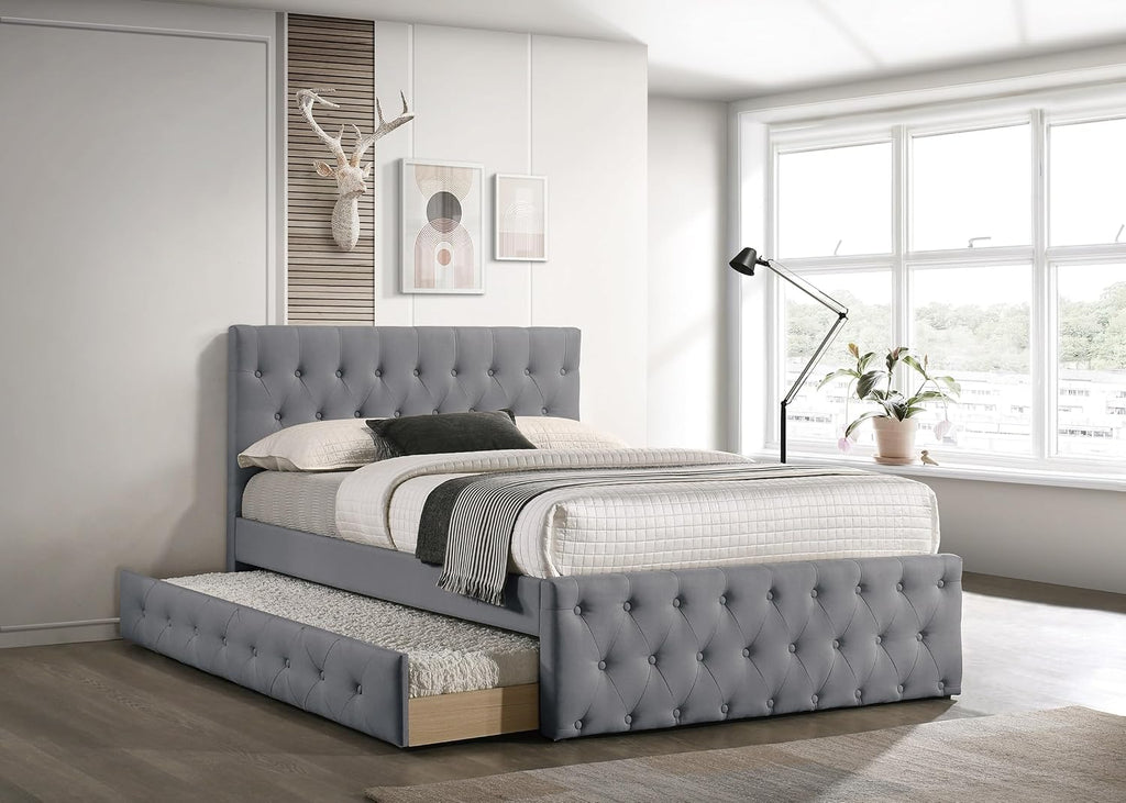 Contemporary Twin Size Bed w, Trundle Slats Light Grey Burlap Upholstered Button Tufted Headboard Footboard Youth Bedroom Furniture Wooden Slats 1pc Bed