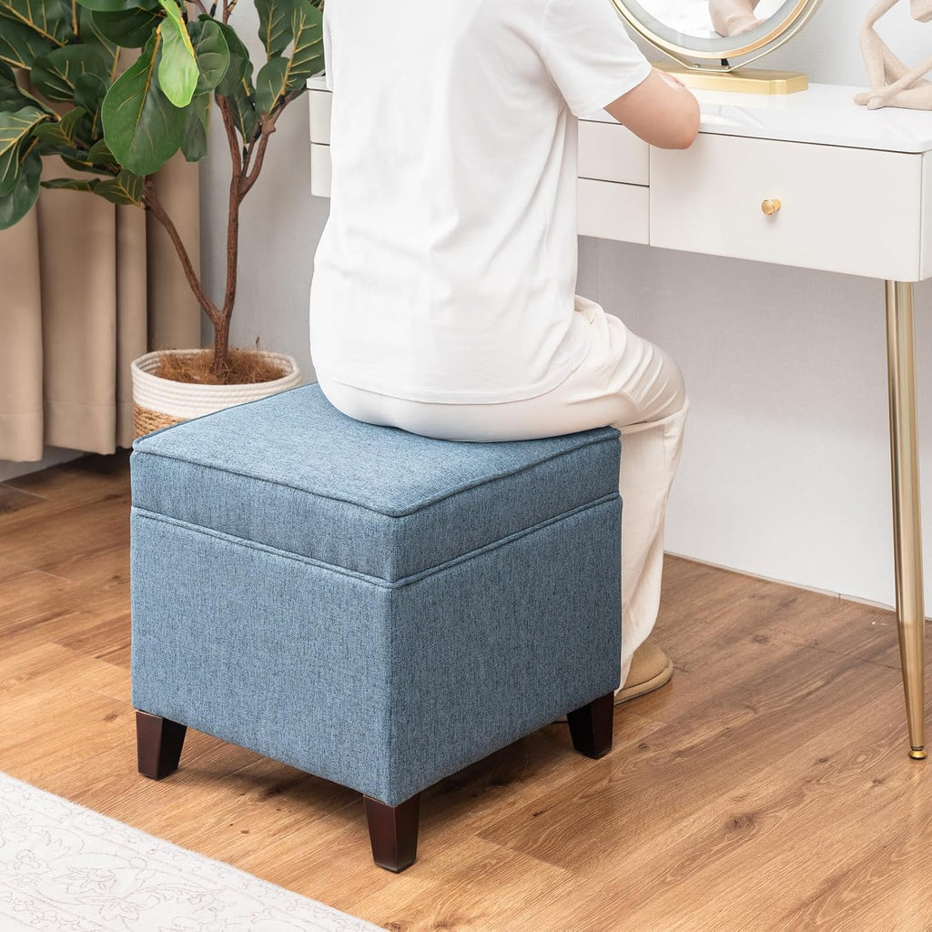 Linen Storage Ottoman with Wooden Legs, 17" Square Upholstered Flip-Top Footrest Stool, Extra Seat or Coffee Table for Living Room, Bedroom, Entryway, Blue