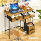 3IngSeagulls 33 Inch Small Computer Desk with Fabric Drawers, Home Office Desk with Storage Shelf, Compact Desks for Small Spaces, Teen Study Table for Bedroom, Rustic Brown