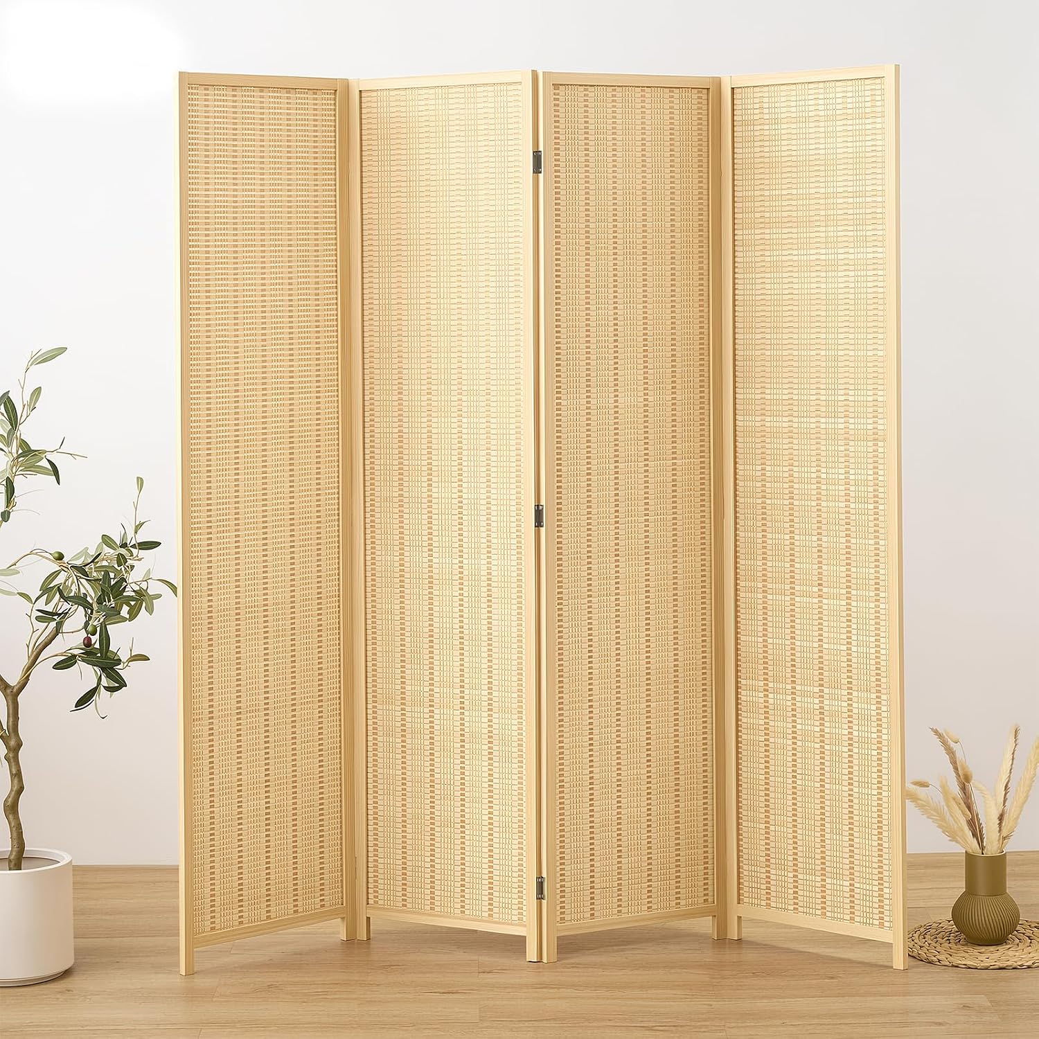 4 Panel Room Divider and Extra Wide Folding Privacy Screen, 63" W x 67" H, Bamboo Room Divider for Room Separation