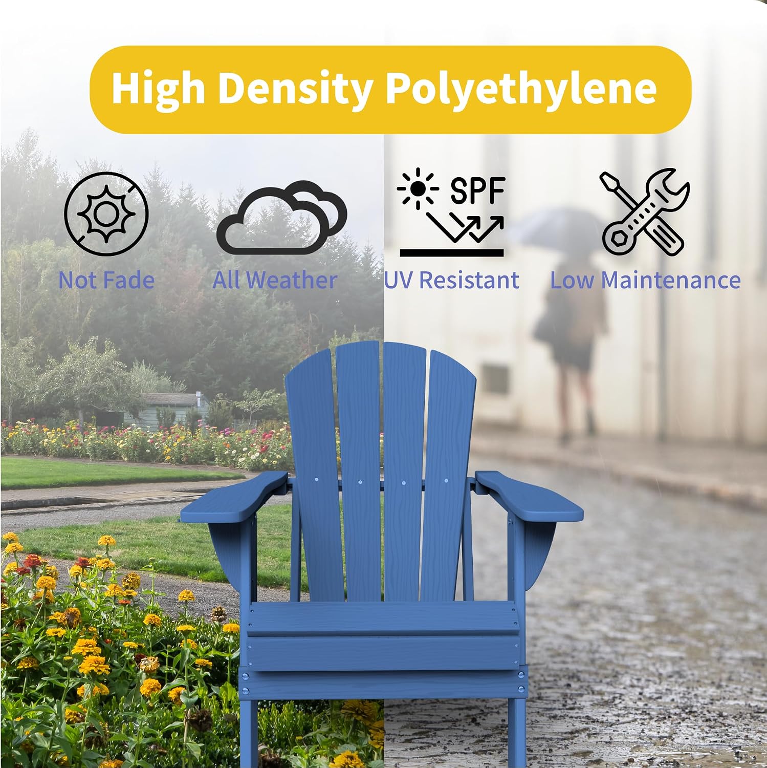 Kingdura Foldable Adirondack Chairs Set of 4, Portable HDPE All Weather Resistant Outdoor Patio Chair, Wooden Textured with Cup Holder, 380LBS Capacity for Poolside, Backyard, Fire Pit (Navy Blue)