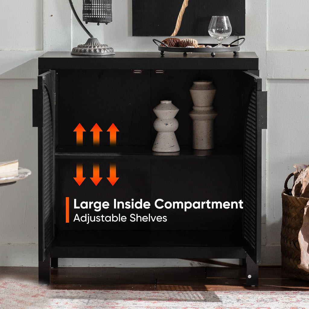 Black 28.94“W Buffet Cabinet with Storage, Accent Sideboard with Rattan Doors, Coffee Bar Table Credenza, Console Table with Adjustable Shelves for Dining Room, Kitchen and Hallway
