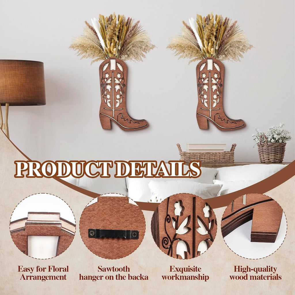 2 Pcs Wood Cowboy Boot Vase for Flowers Faux Greenery, Cowgirl Boot Decor, Western Wall Decor for Bathroom, Bedroom, Kitchen(Flower)