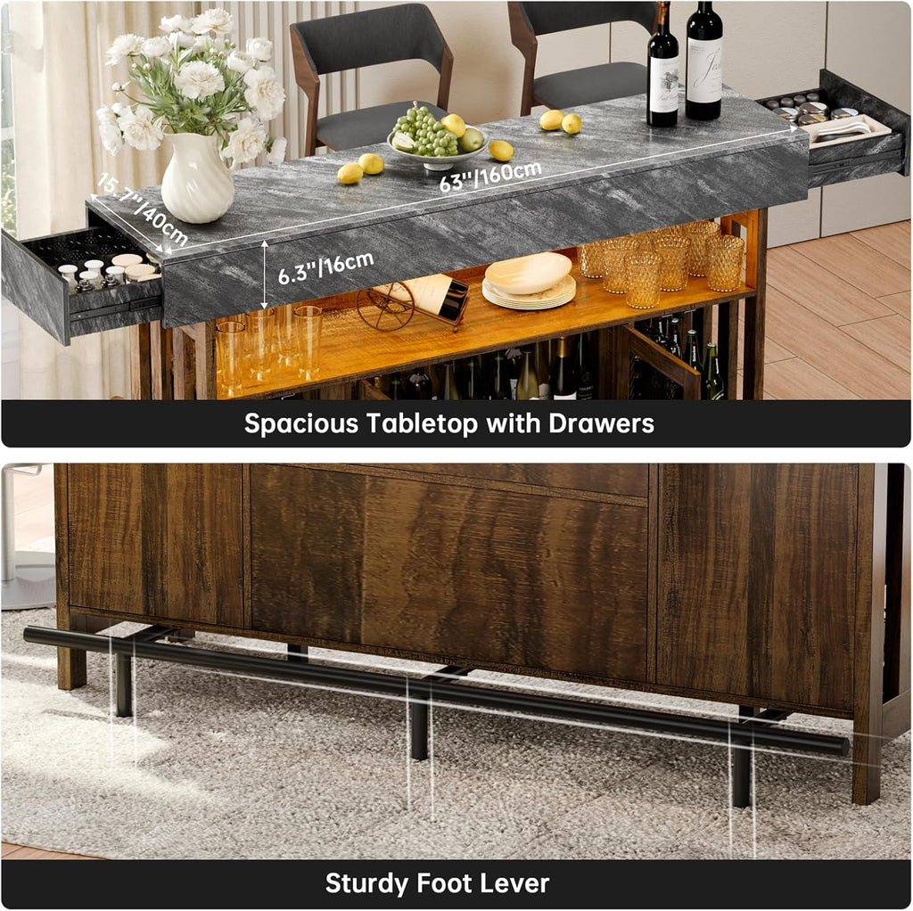 Loomie Bar Table Cabinet with Grey Marble Top & LED Lights & 2 Drawers, Home Bar Unit with Adjustable Shelf & Footrest, 41.3" Counter Height Pub Table, Wine Liquor Bar for Home Pub (Rustic Brown)