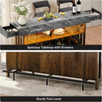 Loomie Bar Table Cabinet with Grey Marble Top & LED Lights & 2 Drawers, Home Bar Unit with Adjustable Shelf & Footrest, 41.3" Counter Height Pub Table, Wine Liquor Bar for Home Pub (Rustic Brown)