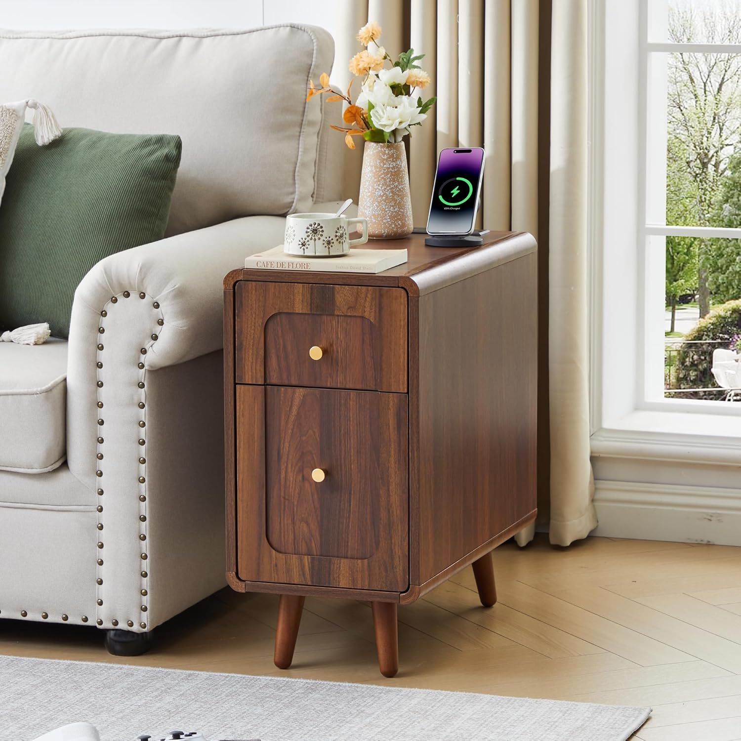 Narrow Side Table, Wood Night Stand with Charging Station, Farmhouse Sofa End Table with Drawer & Storage Cabinet, Slim Nightstand for Small Spaces Living Room Bedroom Office