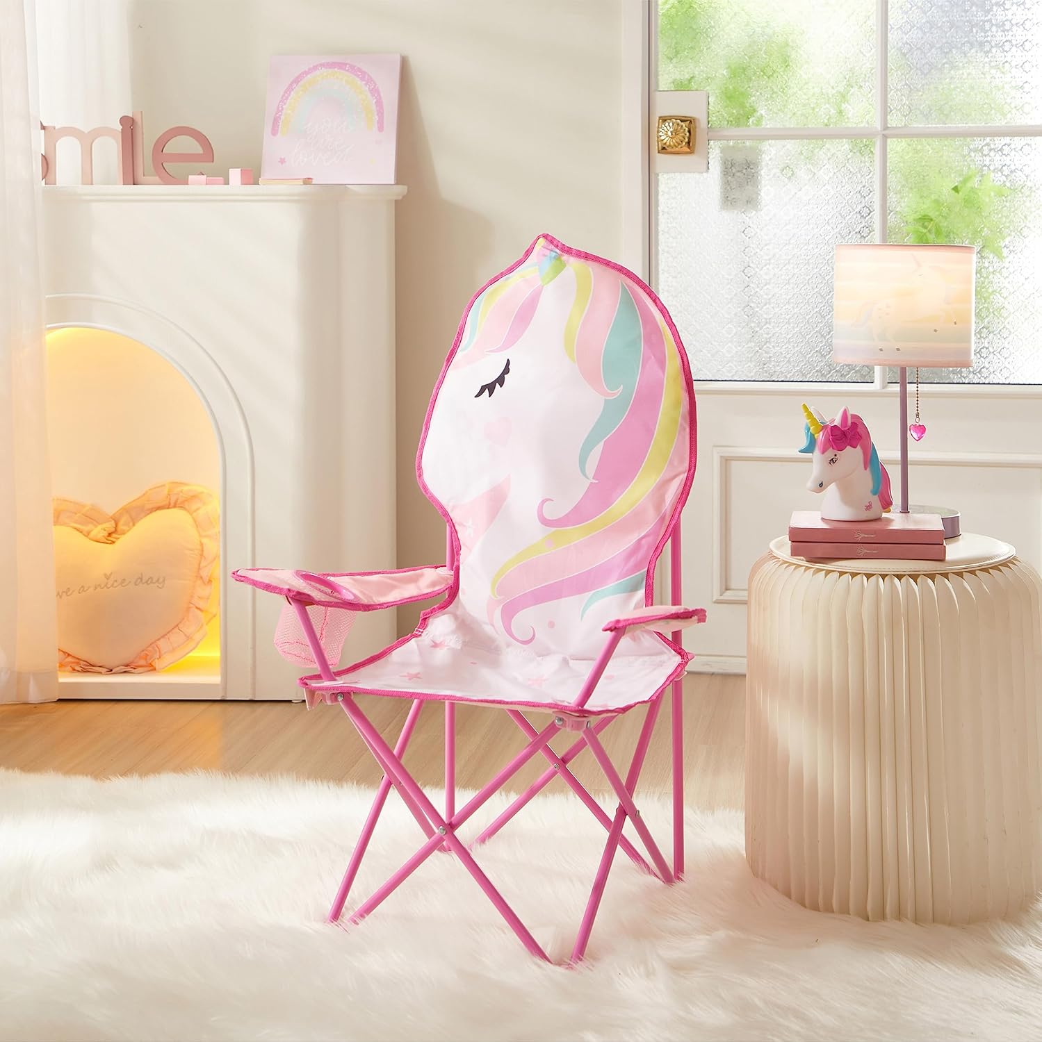 Heritage Unicorn Themed Figural Folding Camp Chair,Lightweight Portable Chair with Carry Bag & Cup Holder,Kids Outdoor/Indoor Seating,14"x14"x26"