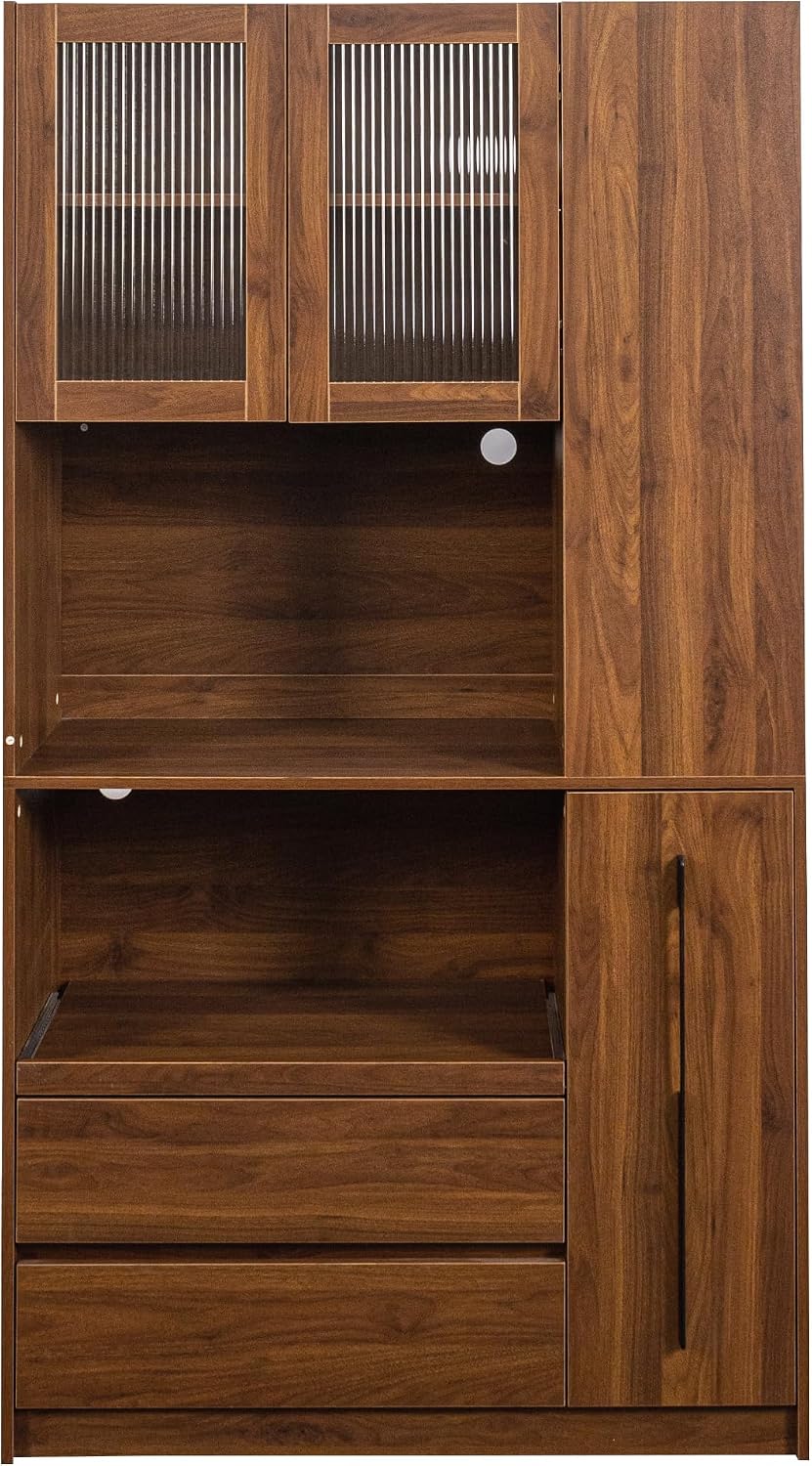 Jmyab 70.87" Tall Kitchen Pantry Cabinet, Kitchen Pantry with 4-Tier Side Shelf and 2 Drawers, Freestanding Storage Cabinet with Microwave Stand for Dining Room, Walnut