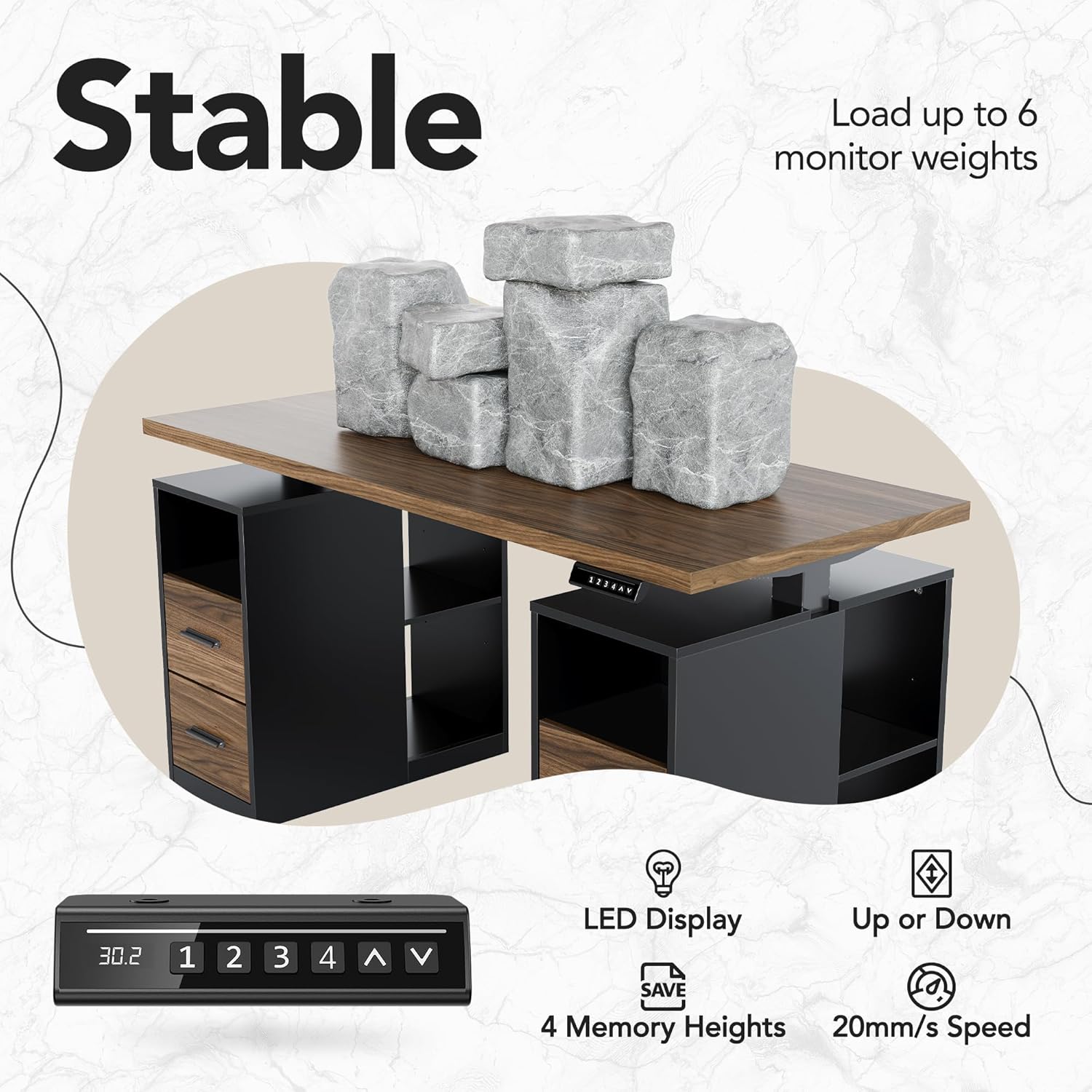 HUANUO 55" Standing Desk with Drawers, Executive Electric Height Adjustable Stand Up Desk with Storage, Black Walnut