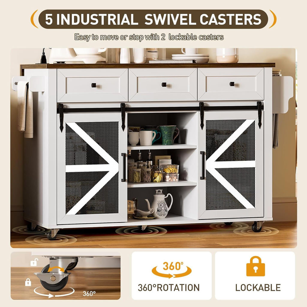 RALGEND Kitchen Island with Storage, 55" Kitchen Cart with Charging Station, Rolling Kitchen Island Table with Drop-Leaf, 3 Drawers, Barn Doors, Towel Rack and Spice Rack, White and Walnut