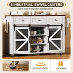 RALGEND Kitchen Island with Storage, 55" Kitchen Cart with Charging Station, Rolling Kitchen Island Table with Drop-Leaf, 3 Drawers, Barn Doors, Towel Rack and Spice Rack, White and Walnut