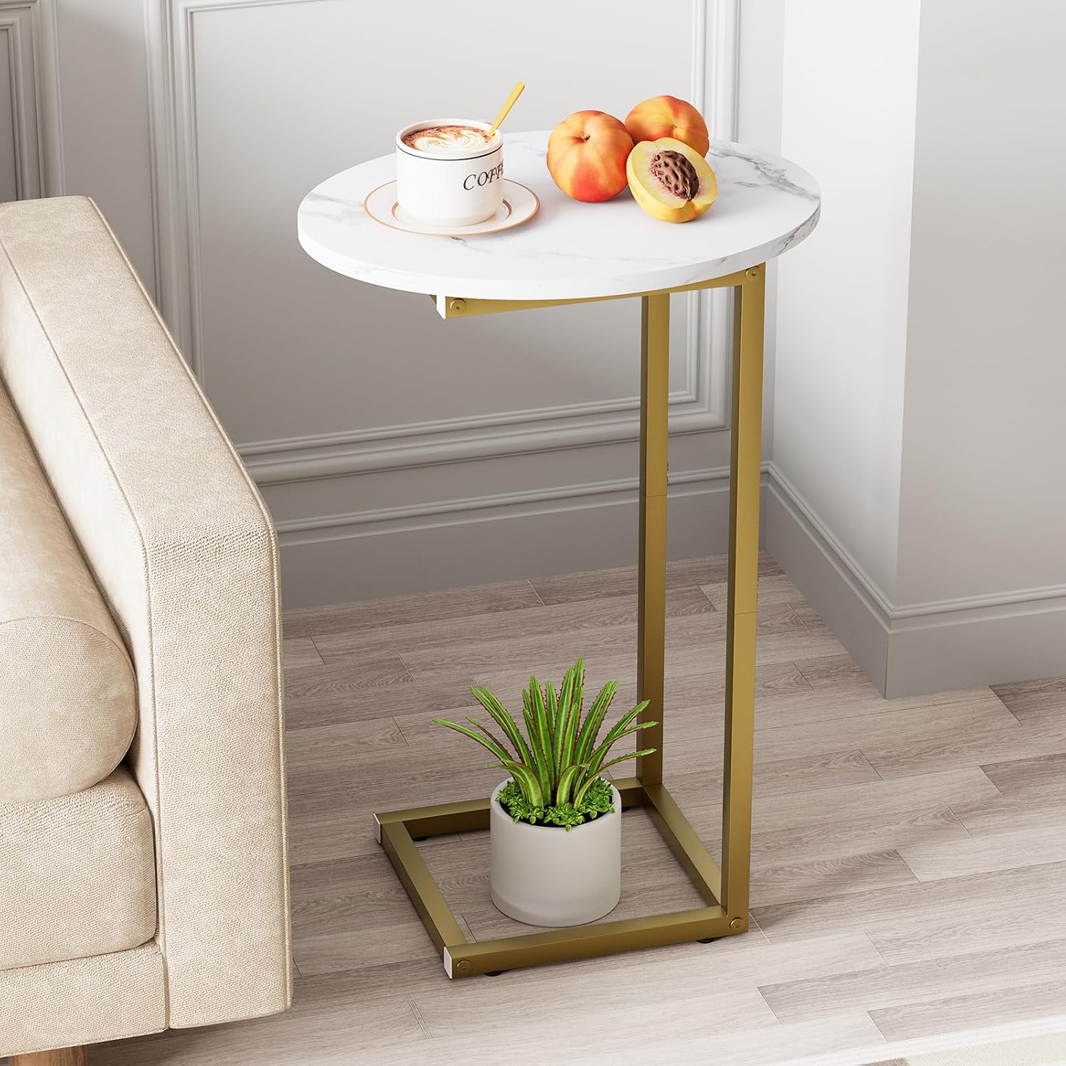C Shaped End Table, Oval Couch Side Tables for Living Room, Sofa End Table with Metal Frame, Small Wooden Snack Table for Bedroom, Small Spaces, Easy Assembly, Gold