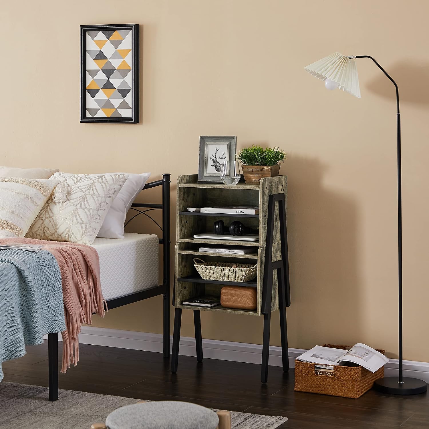 VECELO Night Stand Industrial End Table,Stackable Accent Furniture Bedside Table with 2-Tier Open Storage Space Side Table Nightstands for Bedroom, Living Room