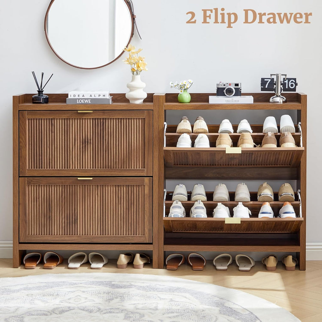 Fluted Shoe Storage Cabinet with 2 Flip Door for Entryway, Modern Freestanding Narrow Wood Shoe Rack Cabinet for Foyer, Front Door, Hallway