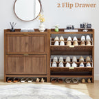 Fluted Shoe Storage Cabinet with 2 Flip Door for Entryway, Modern Freestanding Narrow Wood Shoe Rack Cabinet for Foyer, Front Door, Hallway