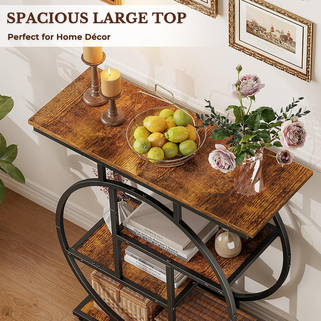 Small Entryway Console Table, 31.5" Narrow Sofa Table Behind Couch with Modern Curved Metal Frame, Skinny Wood Entry Table for Hallway, Entrance, Living Room, Wall, Foyer, Front Door, Rustic Brown