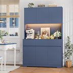 FINETONES 71" Pantry Cabinet with Power Outlets and Led Lights, Large Kitchen Hutch Storage with Microwave Stand, Tall Pantry Kitchen Cabinet with Cupboard, Blue