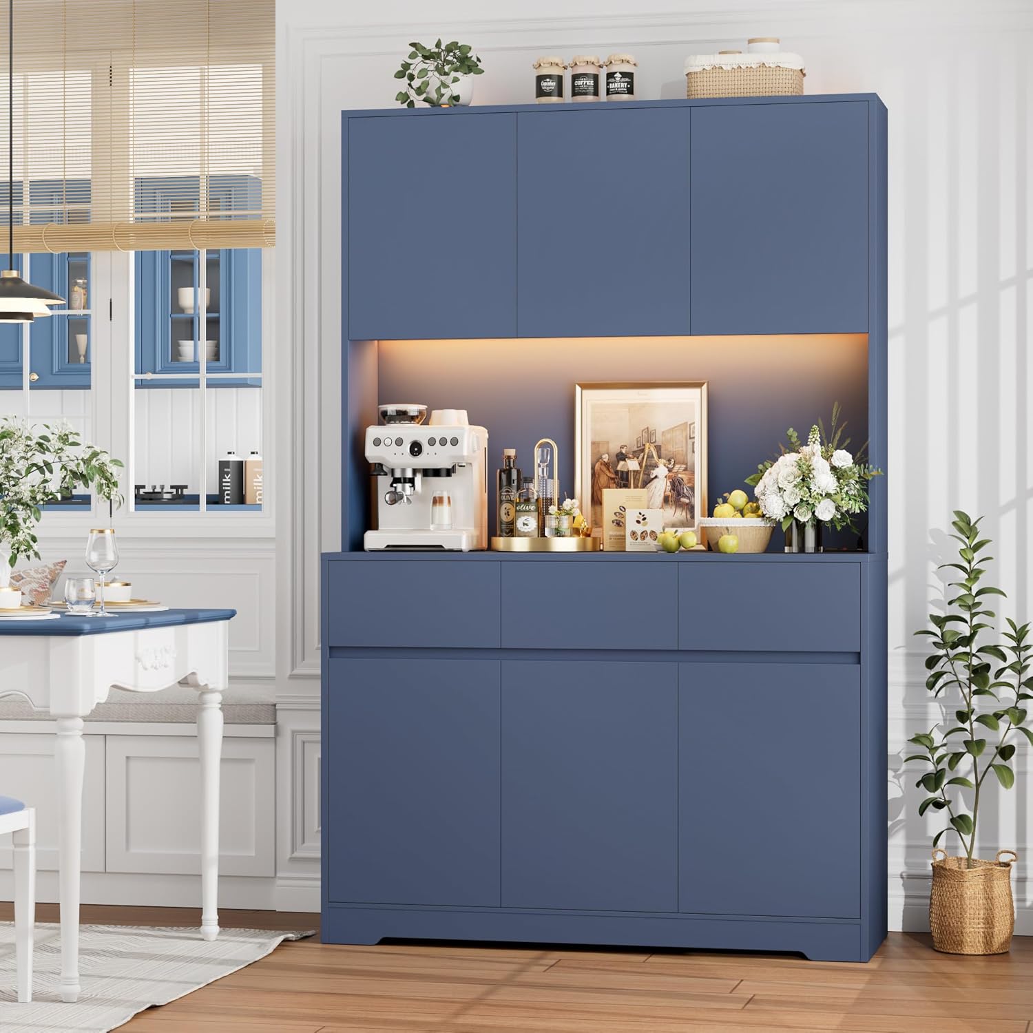 FINETONES 71" Pantry Cabinet with Power Outlets and Led Lights, Large Kitchen Hutch Storage with Microwave Stand, Tall Pantry Kitchen Cabinet with Cupboard, Blue