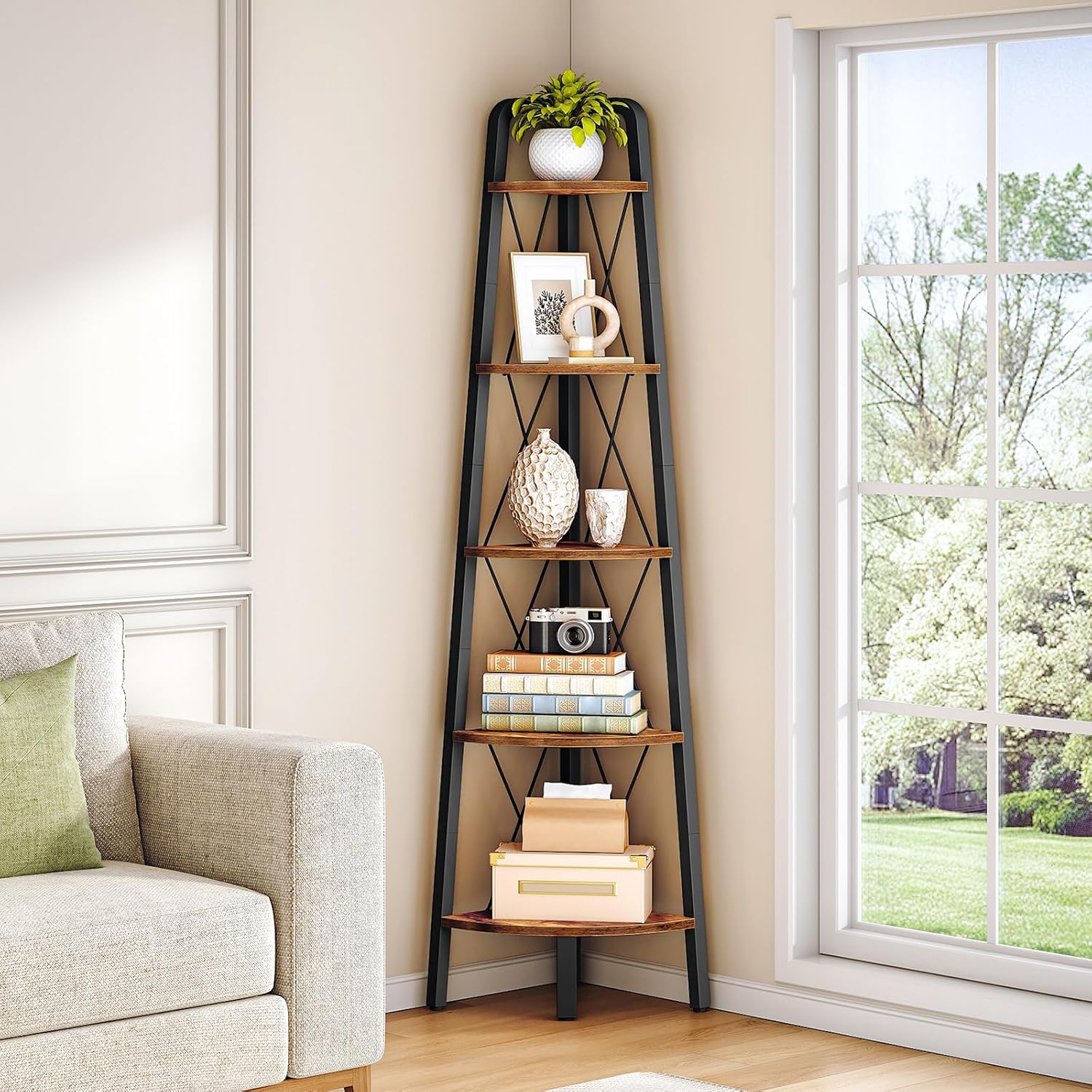 HOOBRO Corner Shelf, 5-Tier Corner Shelf Stand, 66.9" Tall Ladder Bookshelf, Industrial Corner Display Shelf Plant Stand for Living Room, Kitchen, Home Office, Rustic Brown BF145CJ01