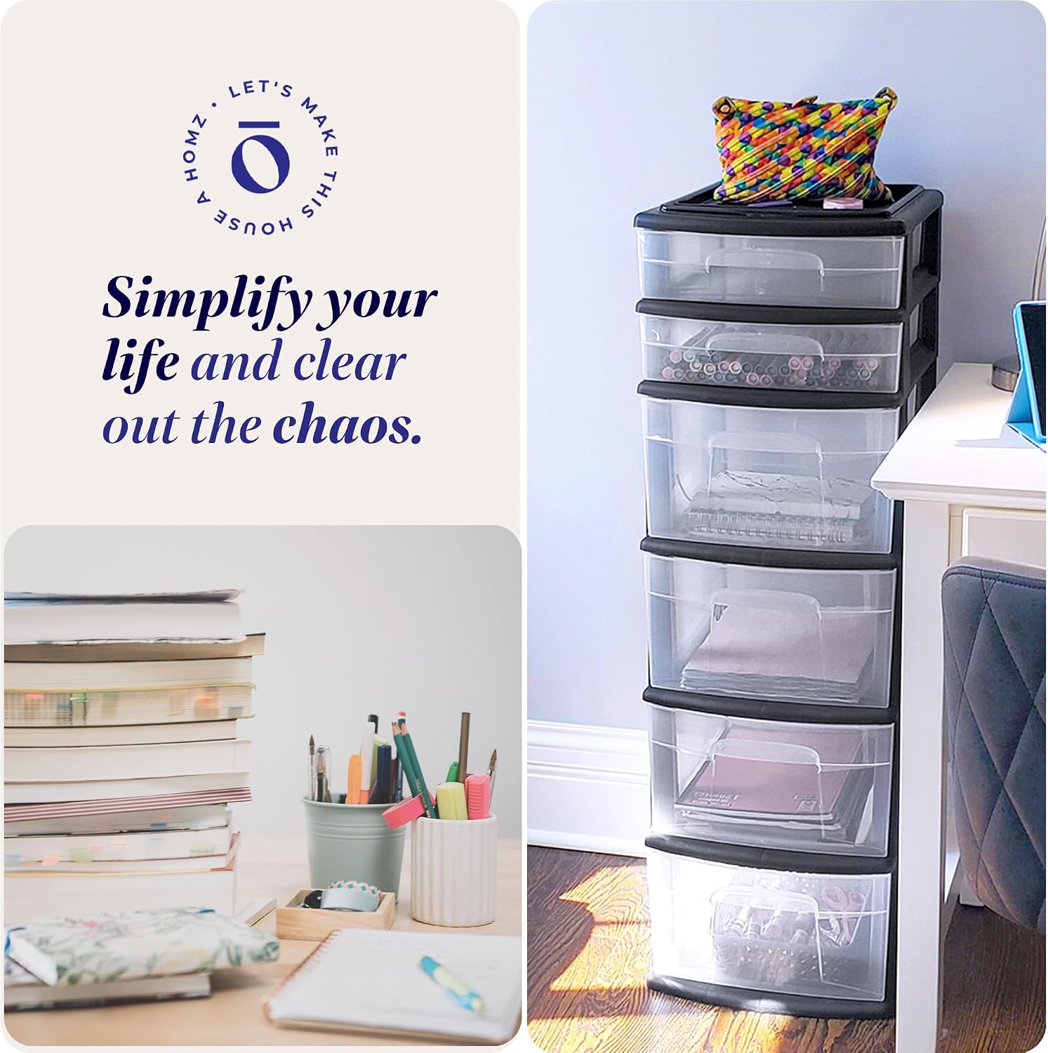 HOMZ 2-Pack Drawer Tower, 6-Tier Clear Plastic Storage Organizer Cart, Black Frame - Organizing Containers for Home, Office, Bathroom, Bedroom, and Classroom