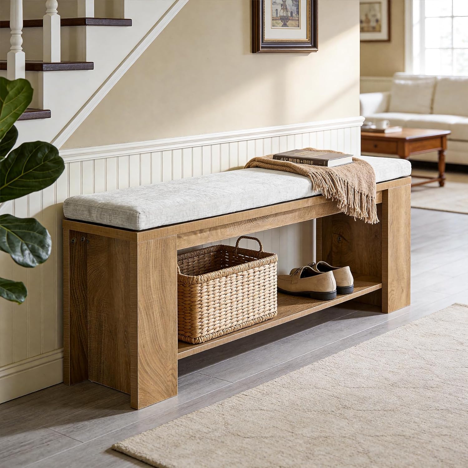 Tribesigns Upholstered Entryway Bench, 47-Inch Long Farmhouse End of Bed Bench with Padded Seat and MDF Frame, Rustic Indoor Cushion Seat for Entrance, Hallway, Bedroom