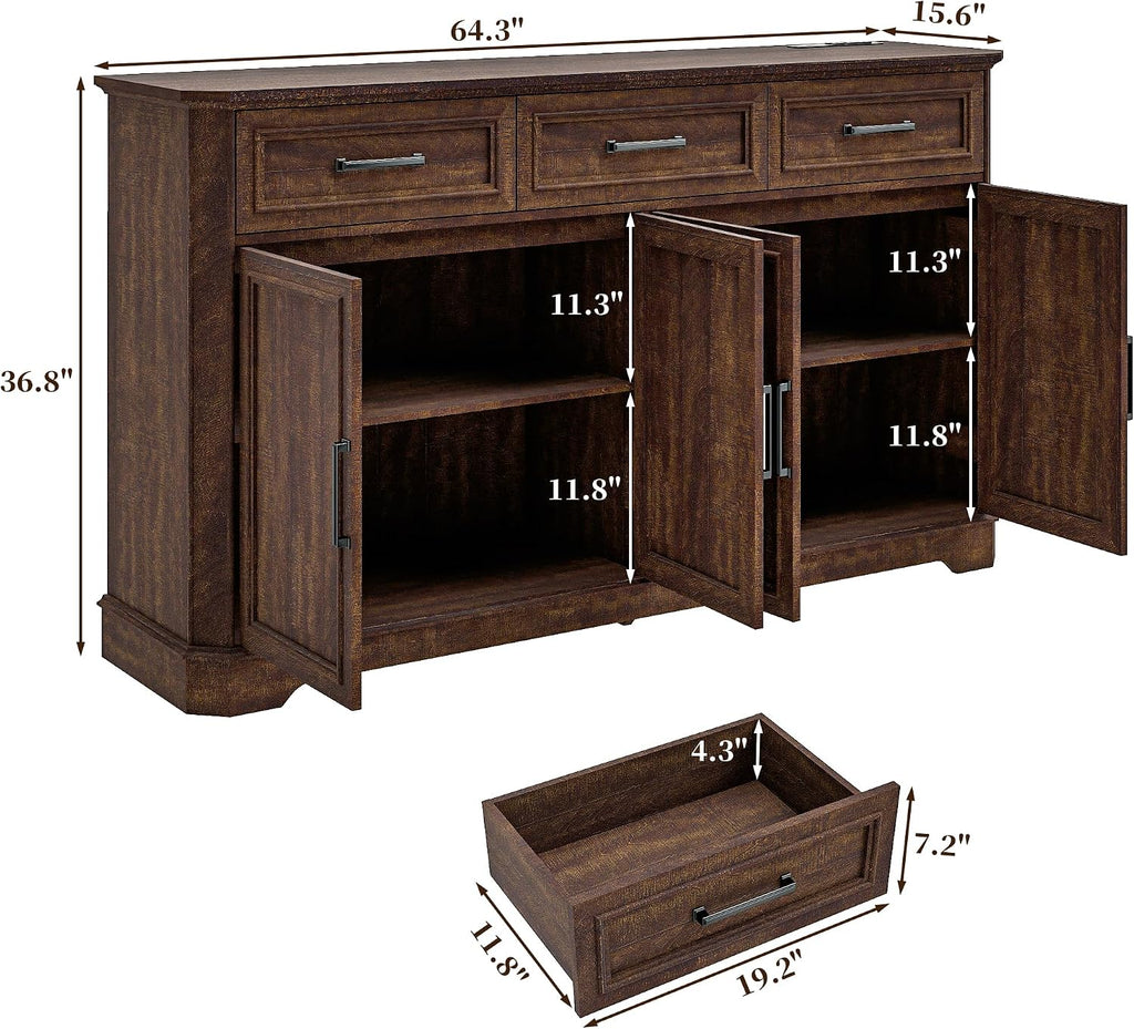 Farmhouse Buffet Sideboard with Storage, 64" Wood Credenza with 3 Drawers & 4 Doors, Walnut Cabinet for Kitchen, Entryway, Coffee Bar