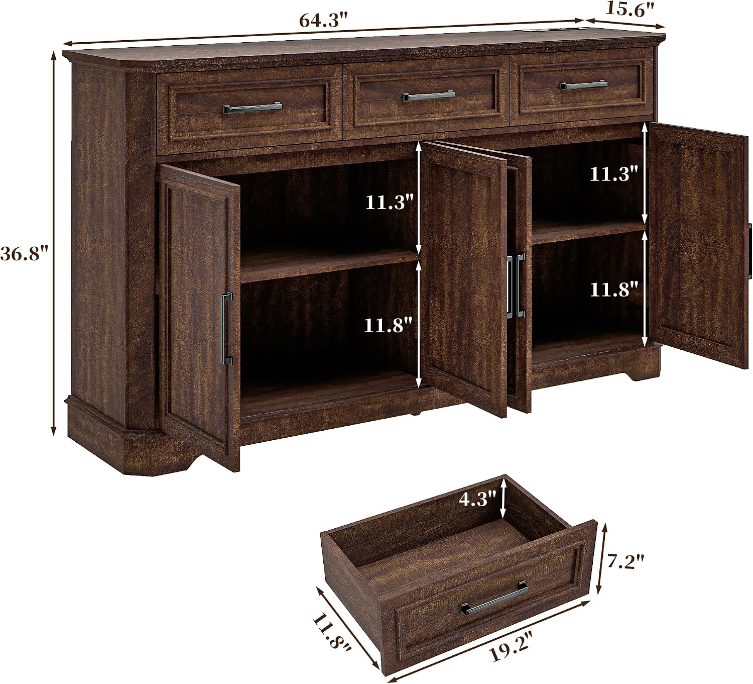 Farmhouse Buffet Sideboard with Storage, 64" Wood Credenza with 3 Drawers & 4 Doors, Walnut Cabinet for Kitchen, Entryway, Coffee Bar