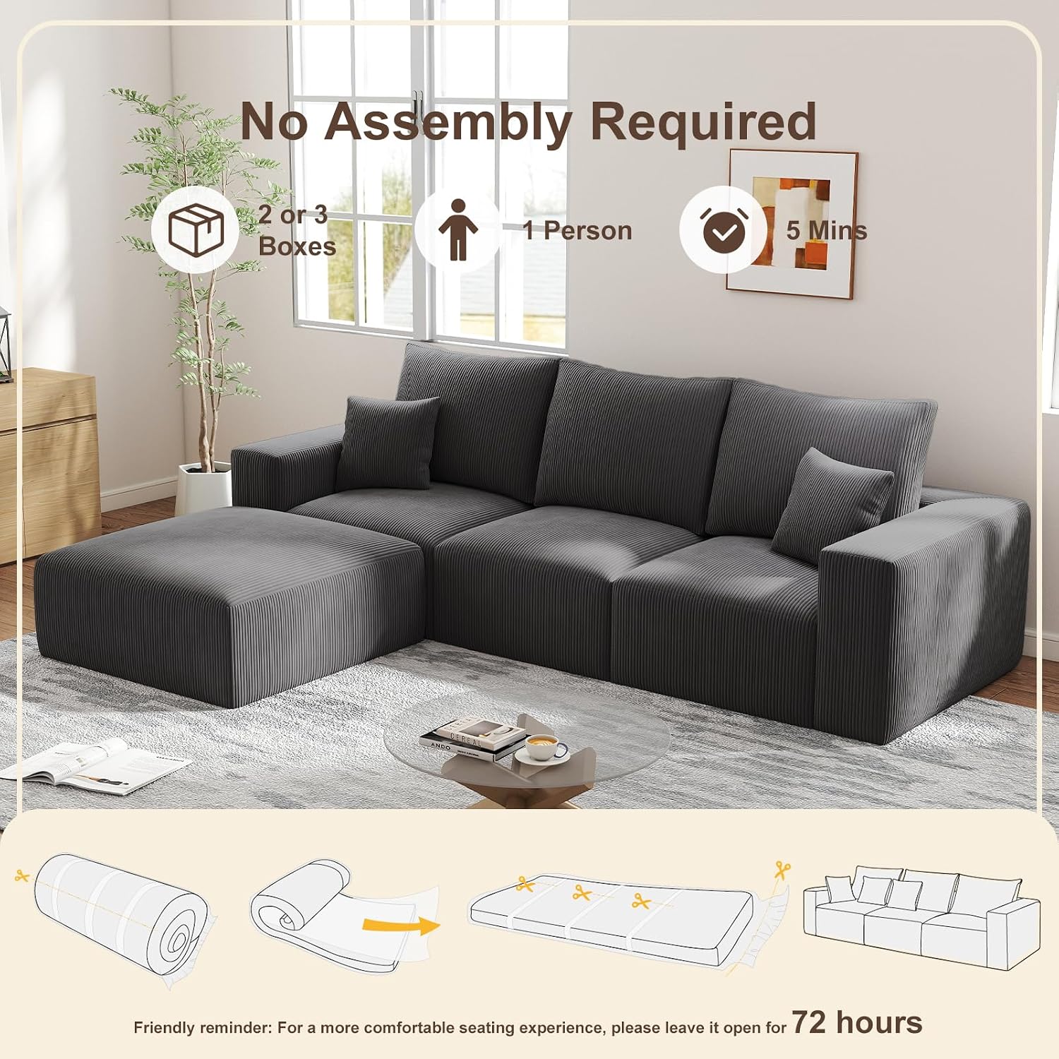 2 Square Cloud Footstool for Living Room, No Assembly Modular Corduroy Convertible Seat, Modern Boneless Style Sofa Accessory for Lounge or Bedroom