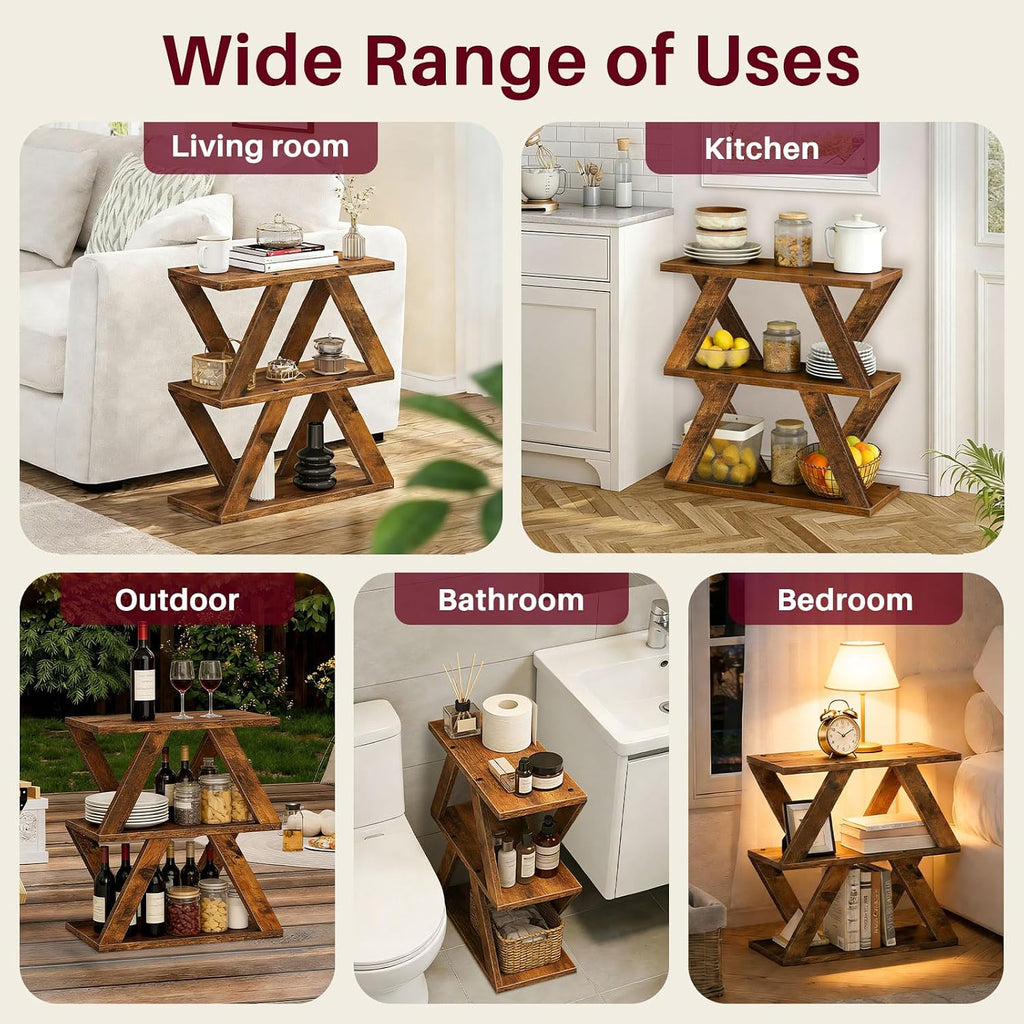 3 Tier Side Table with Side Guard Rails & Anti-Slip Pads, Narrow End Table for Small Spaces, Slim Nightstand with Storage Shelves for Bedroom, Living Room, Rustic Brown