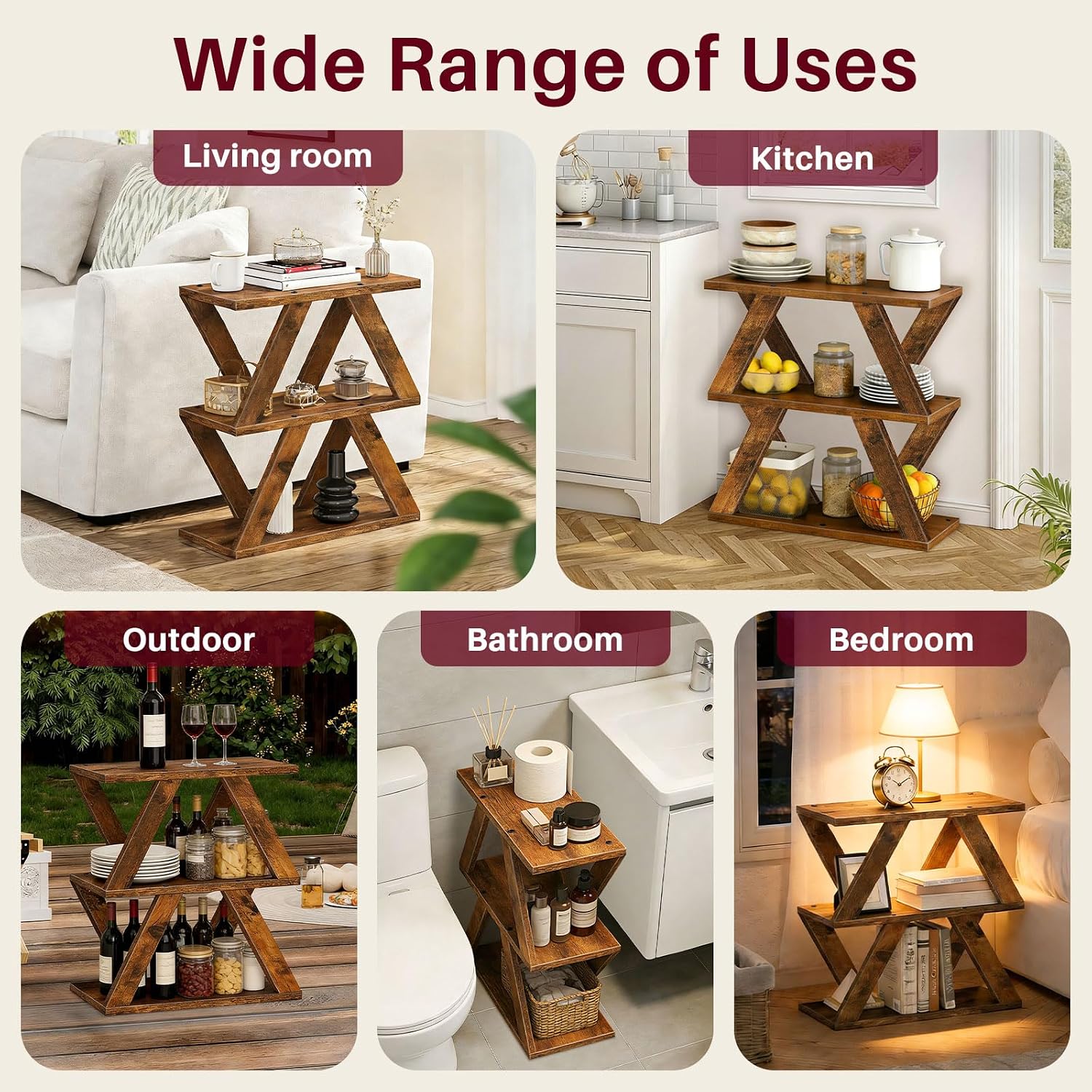 Set of 2 Side Table with Side Guard Rails & Anti-Slip Pads, 3 Tier Narrow End Table for Small Spaces, Slim Nightstand with Storage Shelves for Bedroom, Living Room, Rustic Brown