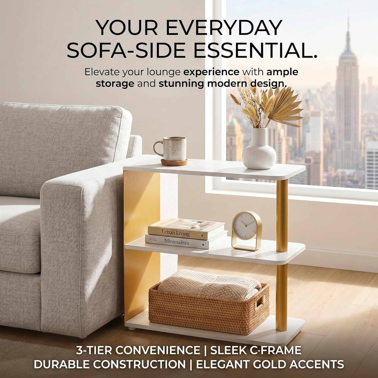3-Tier Narrow End Table, Industrial Slim Side Table for Small Spaces, Sofa Couch Table Accent Nightstand with Storage Shelves for Living Room, Bedroom, Gold and White