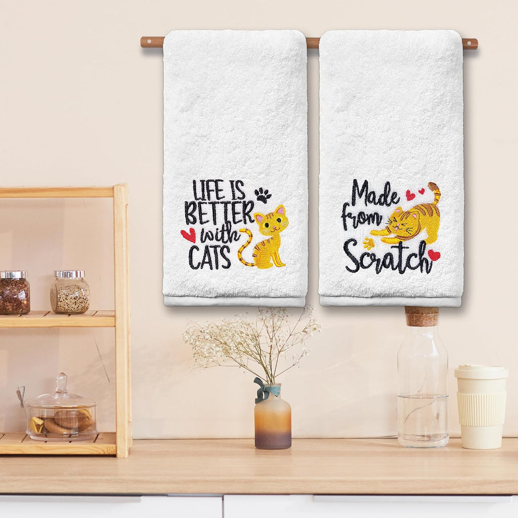 FUTBU Cat Hand Towels for Bathroom - Set of 2, Embroidered Cat Lover Gifts, Soft Cotton 14x30 Inches