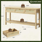 SUPERJARE Rattan Console Sofa Table with Outlets and USB-C Port, 3 Drawer Entryway Table with Synthetic Rattan Surface, 53.9 Inch, Open Shelf, Behind Couch Entry Foyer Hallway Storage, Natural