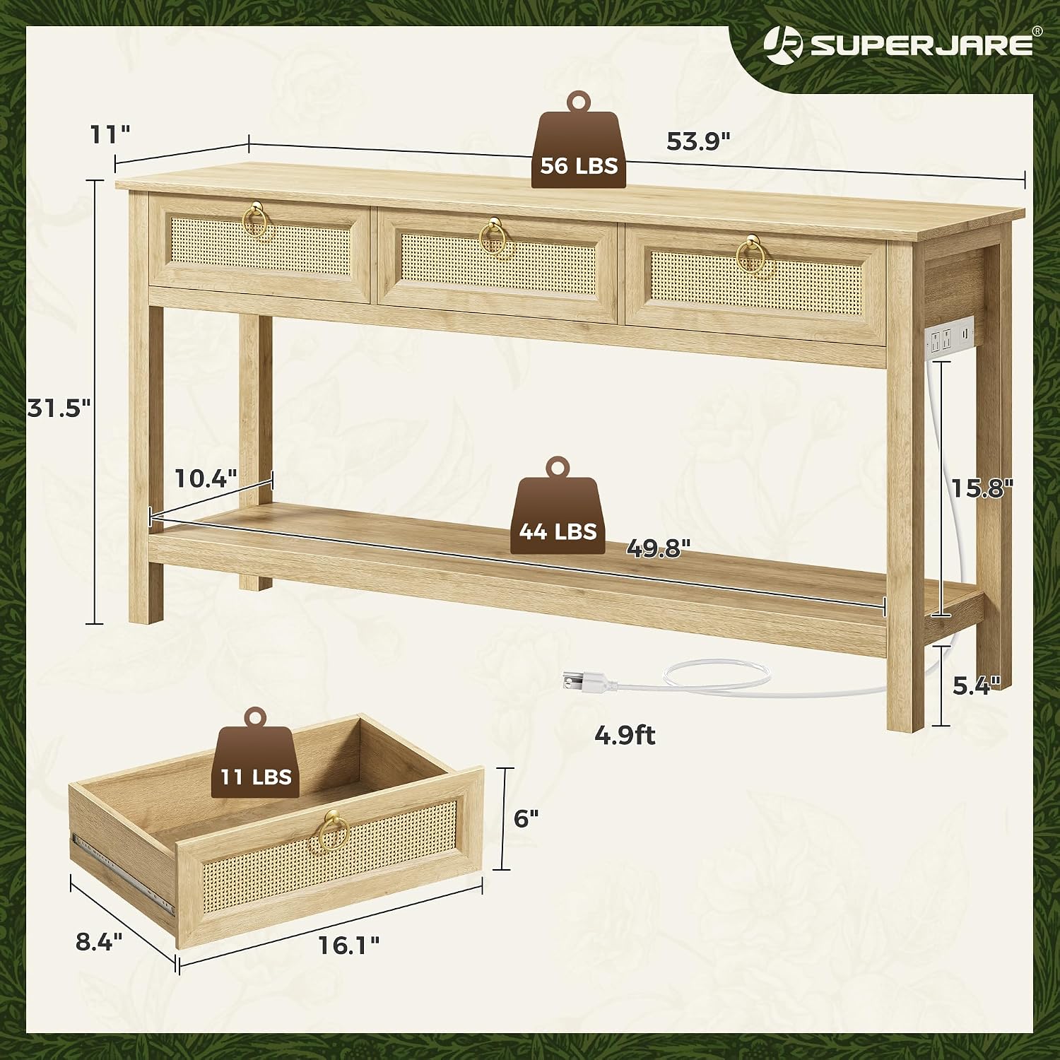 SUPERJARE Rattan Console Sofa Table with Outlets and USB-C Port, 3 Drawer Entryway Table with Synthetic Rattan Surface, 53.9 Inch, Open Shelf, Behind Couch Entry Foyer Hallway Storage, Natural