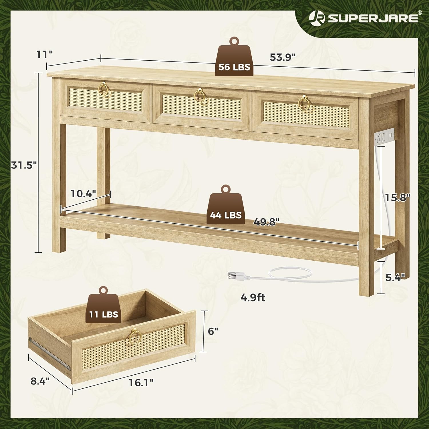 SUPERJARE Rattan Console Sofa Table with Outlets and USB-C Port, 3 Drawer Entryway Table with Synthetic Rattan Surface, 53.9 Inch, Open Shelf, Behind Couch Entry Foyer Hallway Storage, Natural