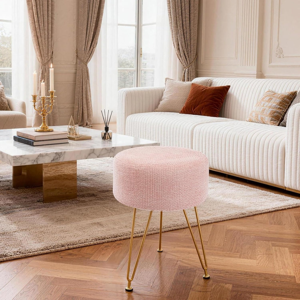 DUMOS Velvet Vanity Stool, 350LBS Heavy-Duty Makeup Stool with 4CM Thick Cushion, Round Ottoman Footrest Chair for Bedroom, Bathroom, Dressing Table, Easy-Clean Soft Fabric, Pink