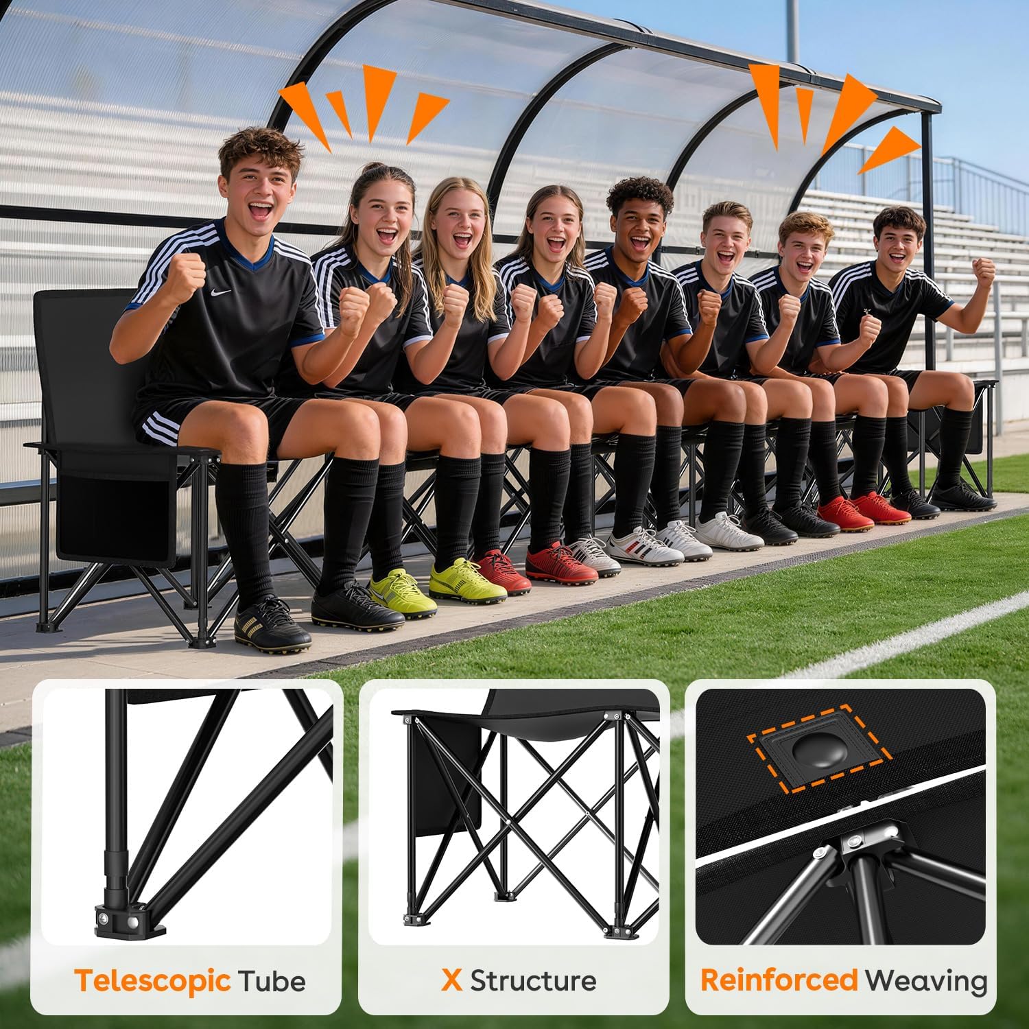 Suteck 8 Seats Soccer Bench, Portable Team Bench with 17.3"x 17.3" Individual Seats, 600D Oxford Fabric & Side Pockets, Heavy Duty Outdoor Folding Bench for Sports, Camping, Patio & Park Events