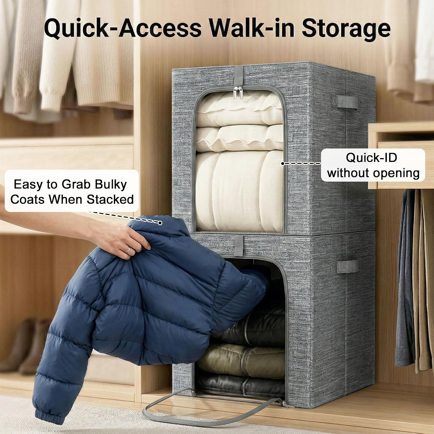 GoMaihe Clothes Storage Bins Metal Frame: 55L Extra Large Stackable Closet Storage Organizer with Lid & Clear Window, Heavy Duty Blanket Boxes for Winter Coats Comforters (Fits Deep Closet 4-Pack)