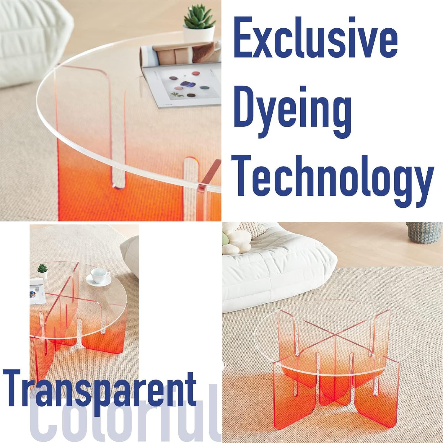Acrylic Side Table, Clear Round Top Nightstand Easy Assembly, Transparent Bedside Table for Living Room, Bedroom, Small Spaces (Orange, 78.74x78.74x40.64cm)