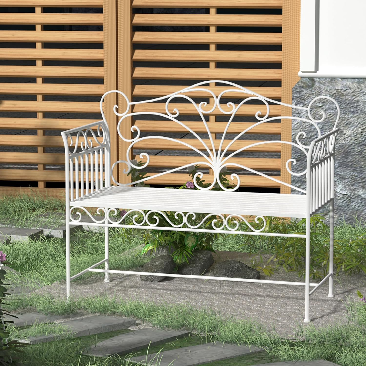 Garden Bench, 43" Cream White Metal Outdoor Patio Bench Park Bench with Armrests, Porch Bench Seat for Backyard Poolside Lawn Garden Deck Seating