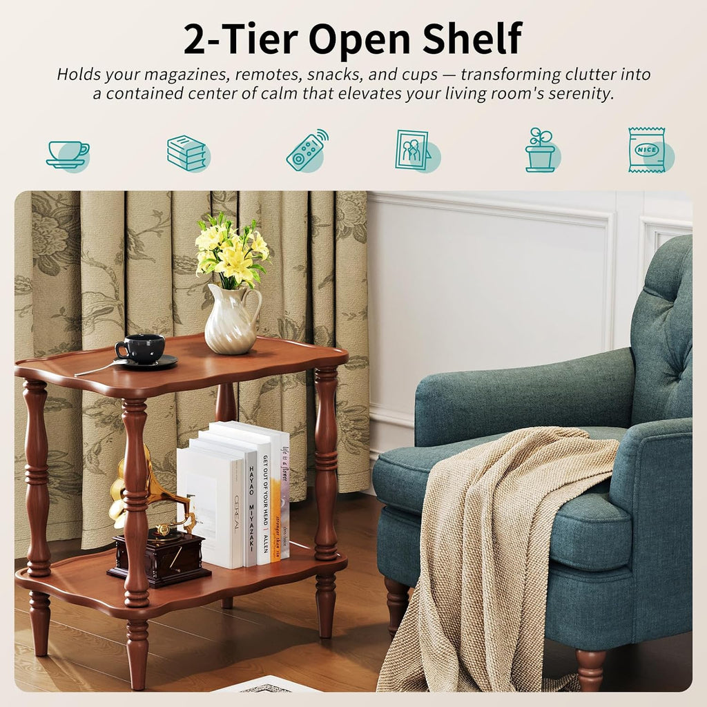 Solid Wood End Table Living Room - 23.6" H Small Narrow Rectangle End Table Wooden, Dark Real Wood Vintage Antique Brown Side Bedside Table Nightstand for Small Spaces with Open Storage Shelf