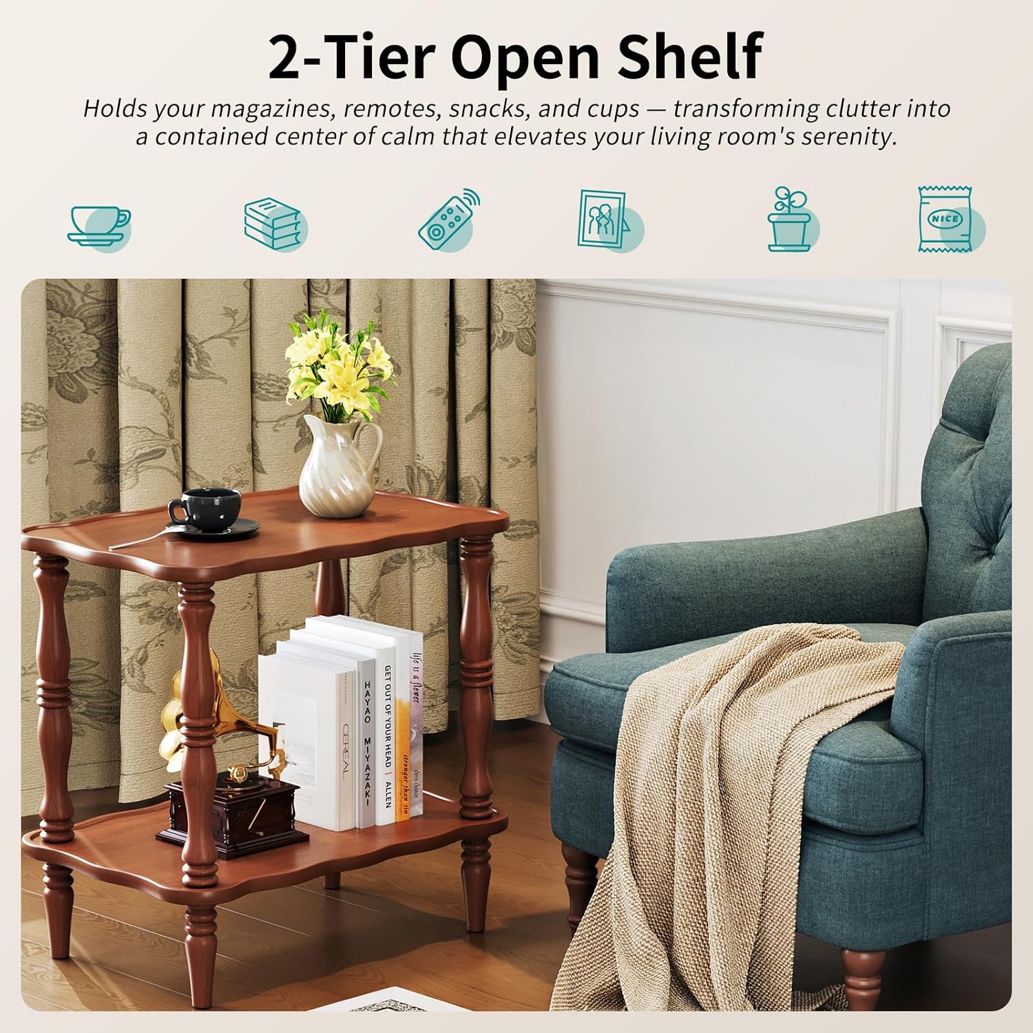 Solid Wood End Table Living Room - 23.6" H Small Narrow Rectangle End Table Wooden, Dark Real Wood Vintage Antique Brown Side Bedside Table Nightstand for Small Spaces with Open Storage Shelf