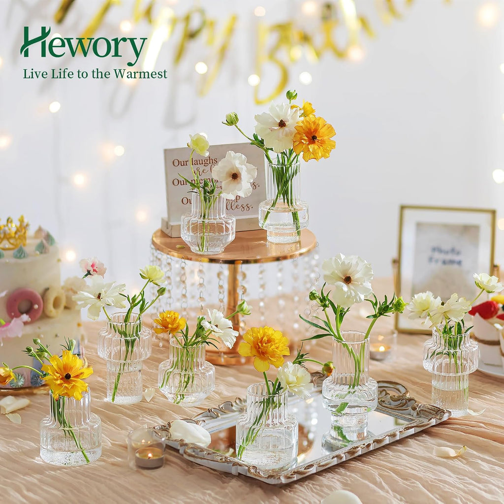 Hewory Ribbed Bud Vases for Centerpieces: Set of 16 Small Clear Glass Vase for Bridal Baby Shower Home Decor - Modern Table Decoration for Wedding & Event Planners