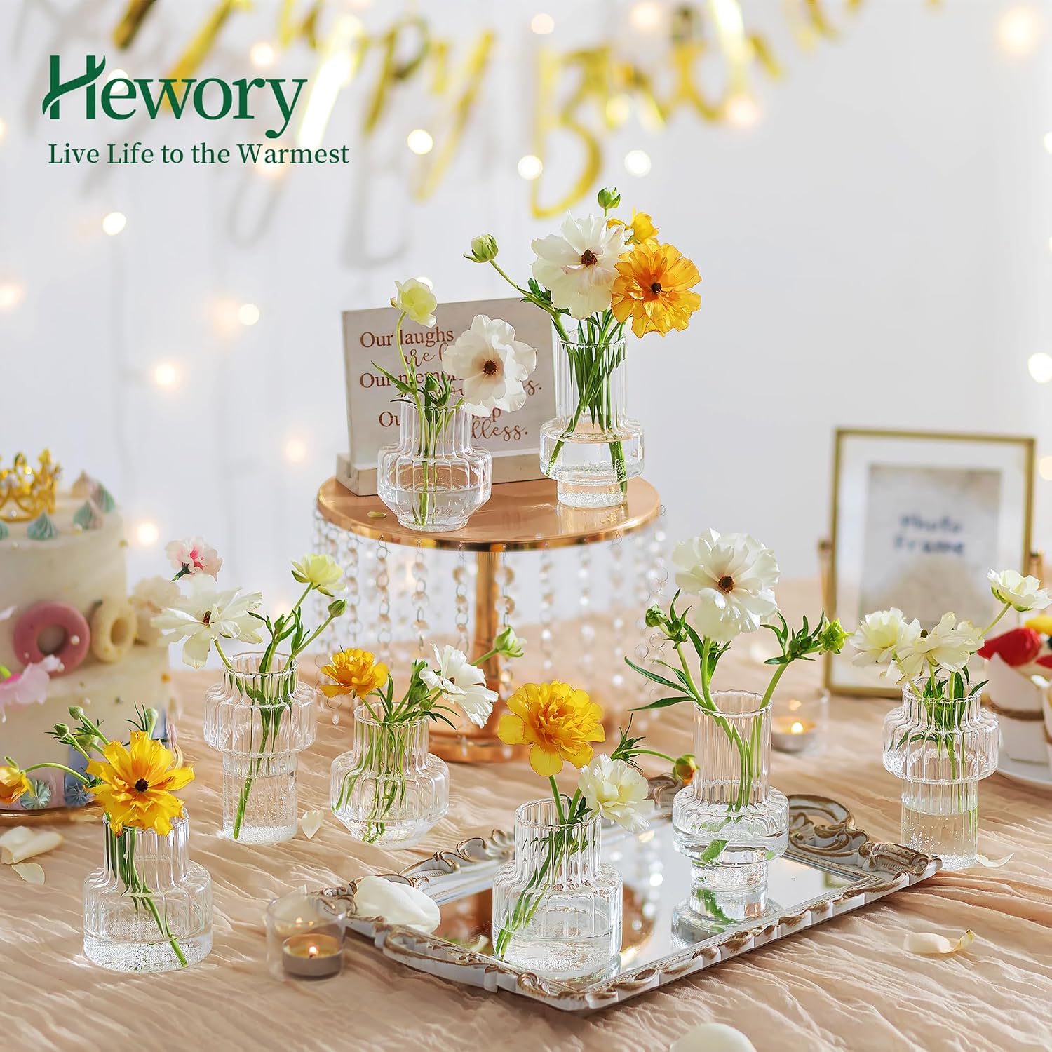 Hewory Ribbed Bud Vases for Centerpieces: Set of 16 Small Clear Glass Vase for Bridal Baby Shower Home Decor - Modern Table Decoration for Wedding & Event Planners